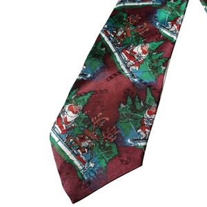 Sabatini Hallmark Mens Christmas Tie Santa Reindeer Fishing Burgundy Polyester